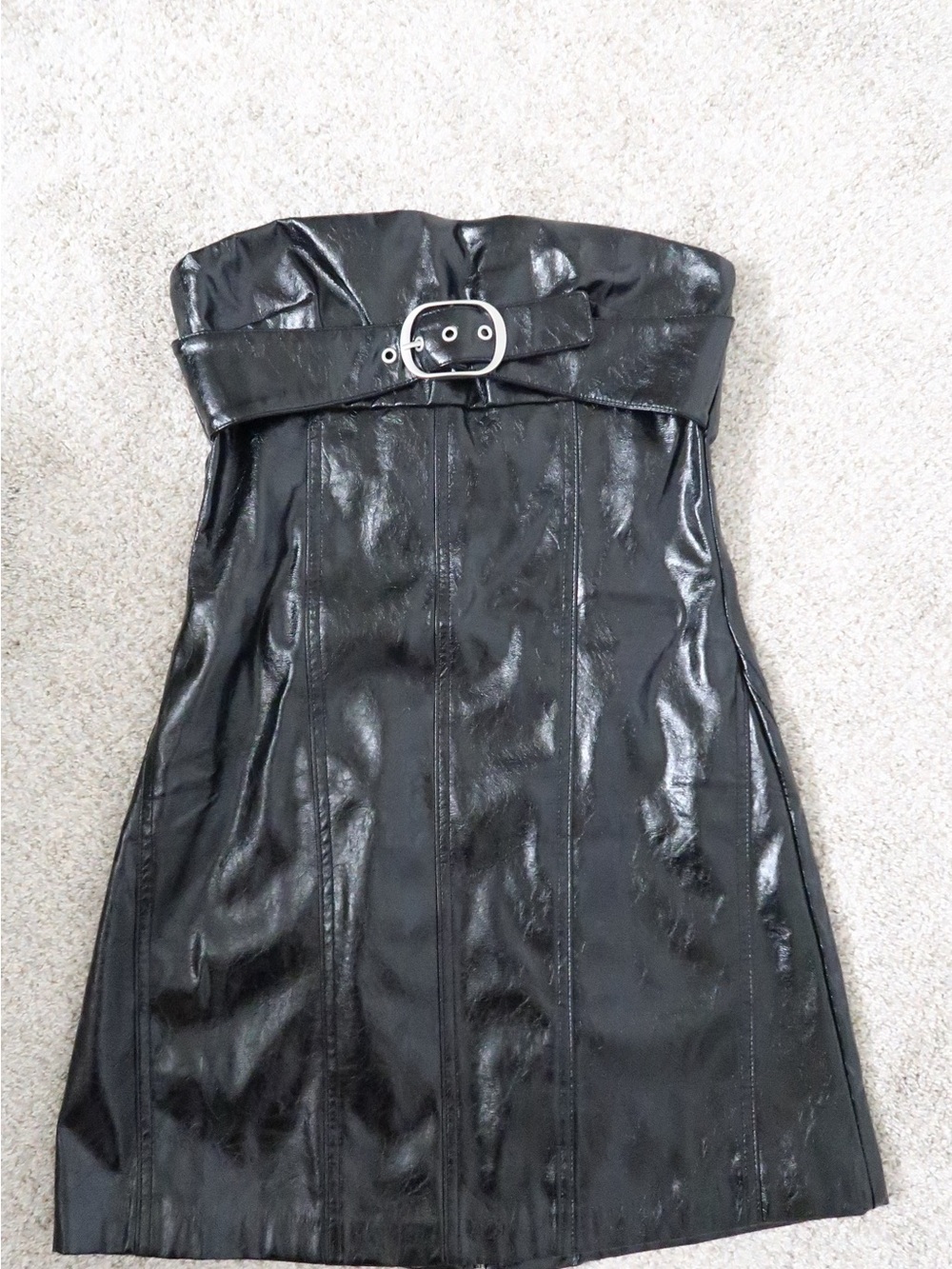 Bershka Strapless Black Faux Leather Belted Dress